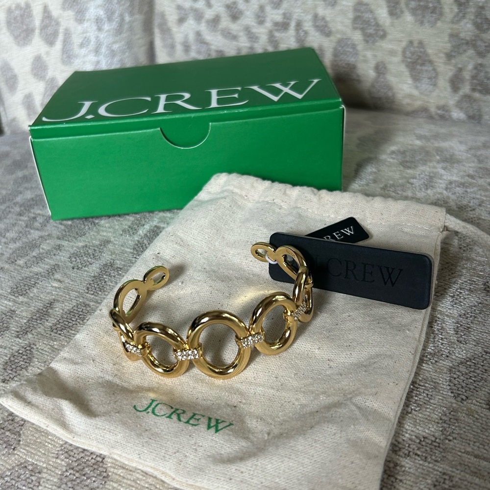 NEW J.Crew Gold Cuff Bracelet with Crystal Rhinestone accent Tag~Bag&Box